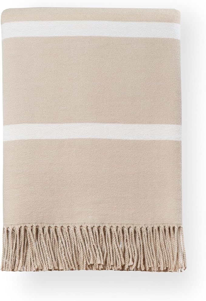 Hofdeco Premium Coastal Decorative Throw Blanket for Patio Couch Sofa, Neutral Tan White Pinstripes with Fringe, 52"x71"