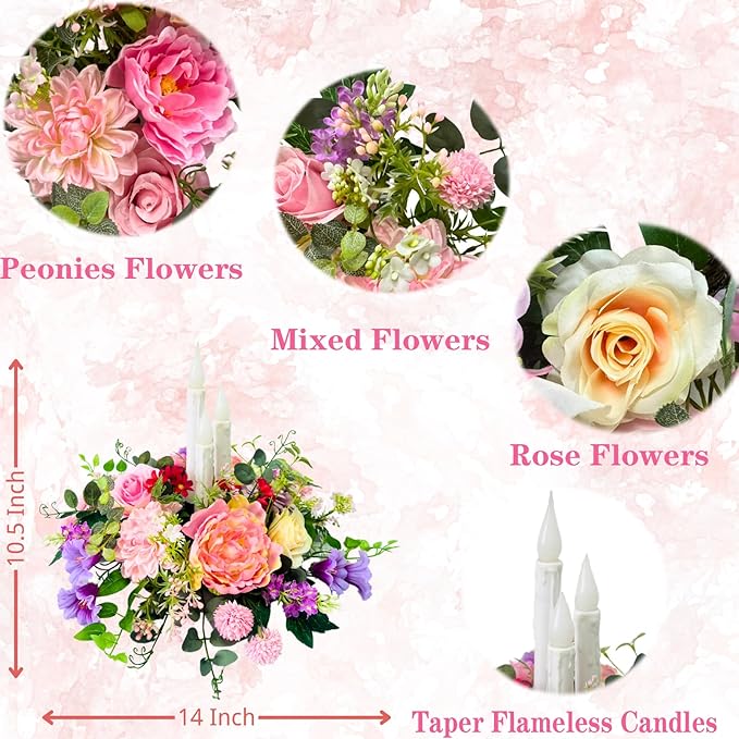 Spring Summer Floral Arrangement Centerpiece for Table with Artificial Peonies Flowers Rose Morning Glory Taper Flameless Candles for Dining Room Wedding All Season