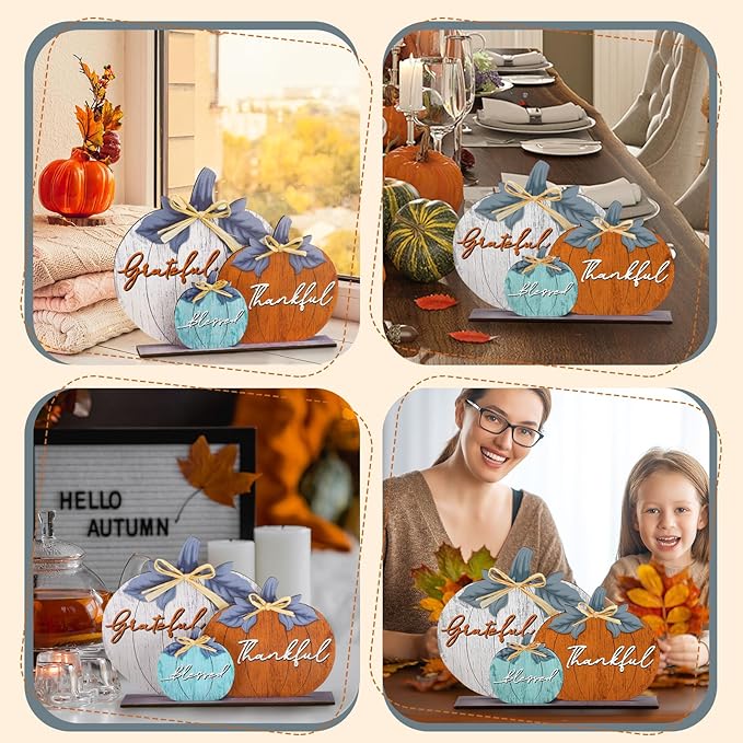 Soaoo Fall Pumpkin Table Decorations Wooden Thankful Blessed Centerpiece Autumn Grateful Tabletop Decor Farmhouse Harvest Pumpkin Block Signs for Party Rustic Table Shelf Decor Home(Vivid)