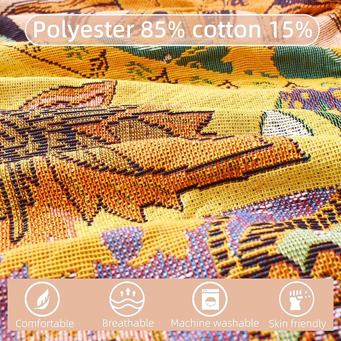 Boho Throw Blanket Reversible Cotton Bohemian Tapestry Hippie Room Decor Outdoor Blanket Double Sided (National Sun Pattern Yellow 50"x60")