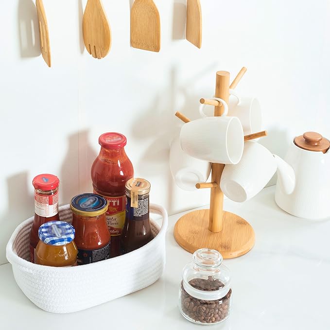 MINTWOOD Design 5-Piece Small Decorative Woven Storage Baskets Set for Shelves and Catch All Tray with Handles for Organizing Gifts, Dog and Cat Toys, Bathroom Accessories, Full White