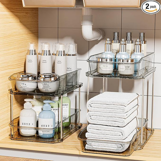 Delamu 2 Sets of 2-Tier Clear Under Sink Organizers and Storage, Multi-Purpose Stackable Bathroom Cabinet organizers, Grey