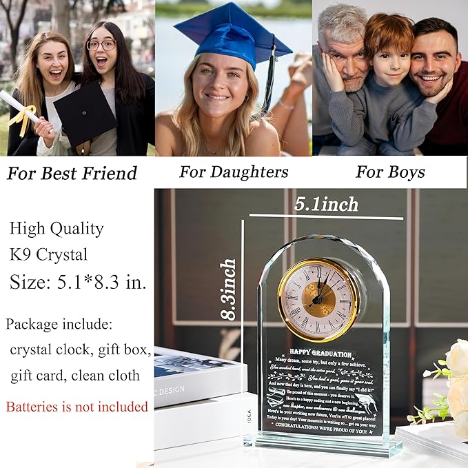 Qianwei Graduation Gifts for Her Him - Crystal Clock Class of 2025 Gifts Present Women Men College Middle High School Congrats Grad Graduate Present Keepsake for Masters Degree Phd Senior Student