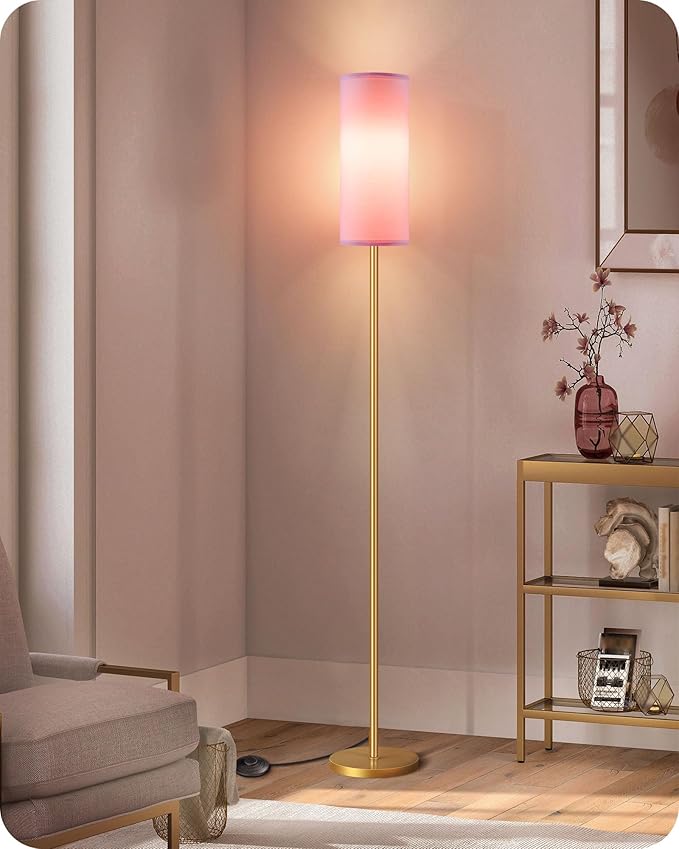 Dimmable Pink Floor Lamp for Living Room with Remote and Foot Switch, Corner Floor Lamp, 64.4'' Standing Tall Lamp, 10W 900LM Bulb Included, 3000K-6500K, Linen Shade, Gold Pink, FCC Listed DP06LD05W1
