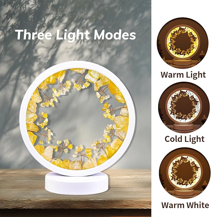 Runyangshi Natural Crystal Citrine Small Tree Round White Frame Tri-Color Ambient Light Home Decoration Night Light Healing Decor Gift