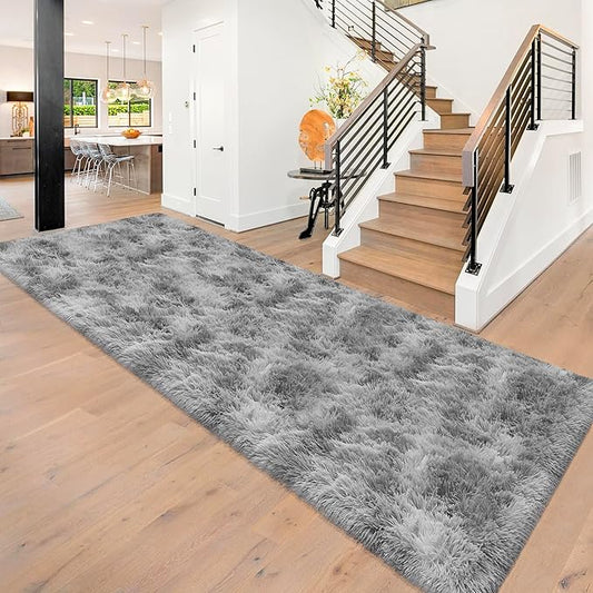 Super Soft Fluffy Living Room Area Rug 3x10 ft Tie-Dyed Light Grey Shaggy Furry Carpet Washable Non-Slip Floor Rugs Bedroom Bedside Nursery Rug Fuzzy Boys Girls Dorm Home Decor Aesthetic