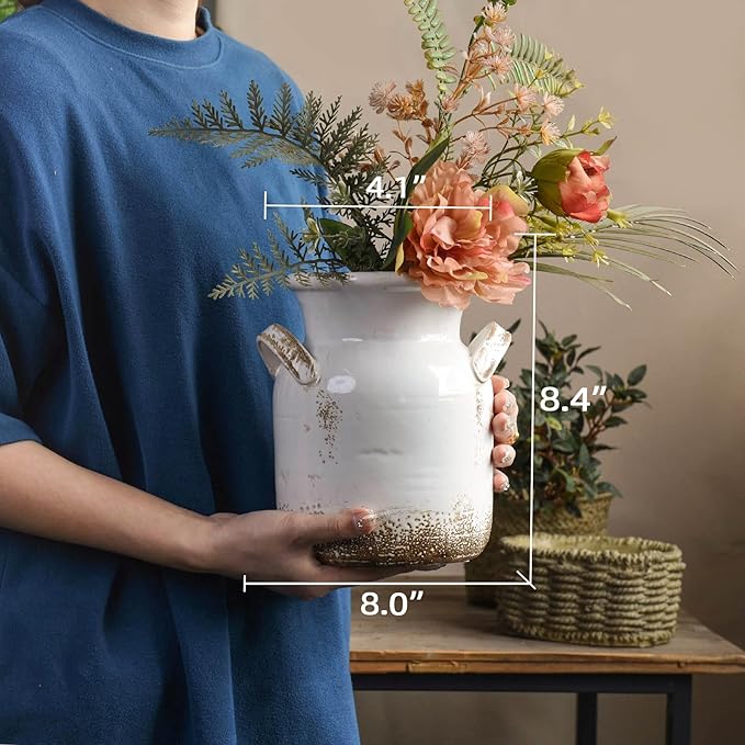 Quoowiit Ceramic Rustic Farmhouse Vase, Distressed Decorative Flower Vase for Home Decor, Ideal Shelf Decor, White Boho Vase for Living Room Bedroom Kitchen Office Decor Centerpiece Table Decorations
