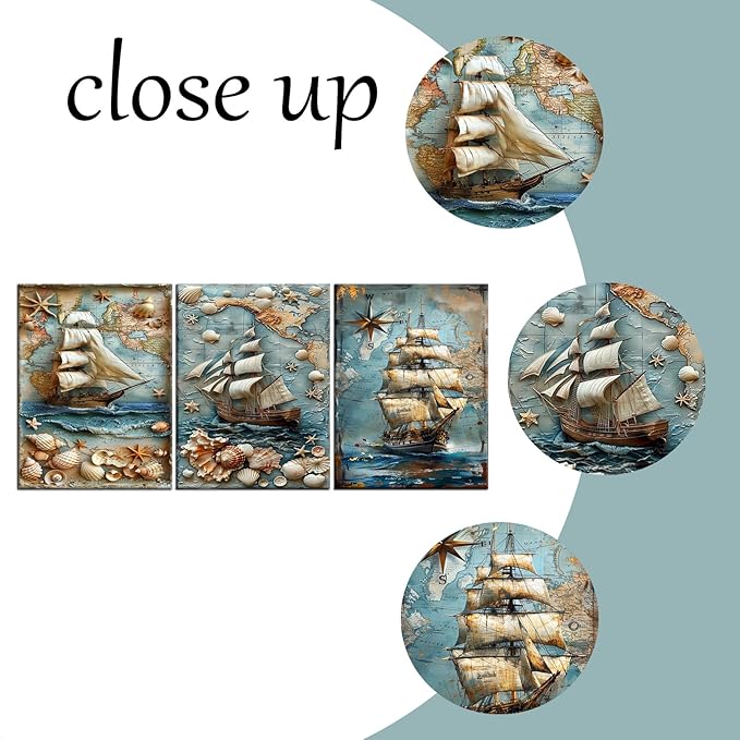 Nautical Boat Canvas Wall Art Abstract Ocean Creatures Seashell Starfish Poster Print Vintage Picture Painting Artwork for Modern Home Bedroom Bathroom Wall Decoration Ready to Hang [36''W x 16''H]