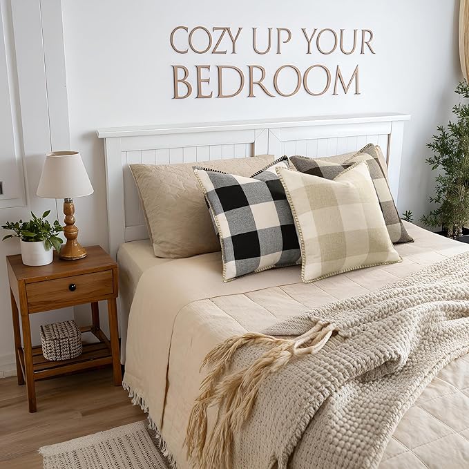 decorUhome Buffalo Plaid Check Throw Pillow Covers 18x18 Set of 2, Outdoor Linen Decorative Farmhouse Gingham Pillow Covers with Stitched Edge for Bed Couch Sofa, Brown and Beige