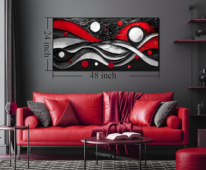 Ouzzlie Abstract Art Wall Decor Large Black and White Canvas Wall Art Red Artwork for Bedroom 24" x 48"