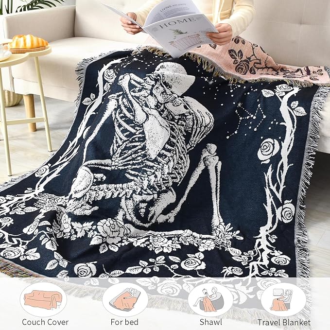 Boho Throw Blanket Reversible Cotton Bohemian Tapestry Hippie Room Decor Double Sided (Boho Skeleton Lover Moon Blue 50"x60")