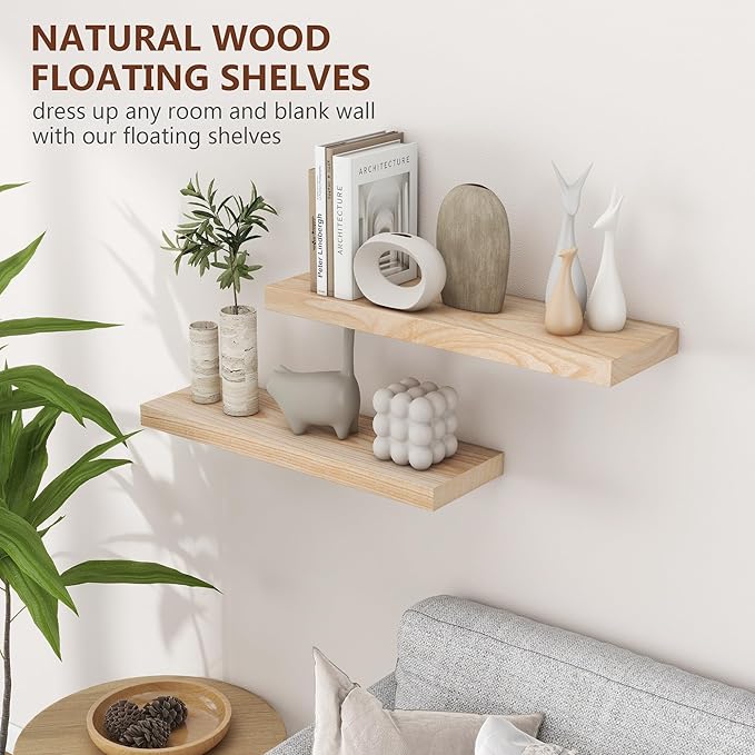 fuqing Natural Wood Floating Shelves for Wall - 24 Inch Wood Shelves Set of 2 - Natural Wooden Wall Shelves for Living Room Bedroom Home Office