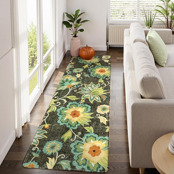 Lahome Floral Kitchen Runner Rug- 2x8 Runners for Hallways Non-Slip Washable Rug Runner Throw Low-Pile Entryway Laundry Runner Rugs Soft Green Paisley Print Carpet Runner for Bedroom Living Room