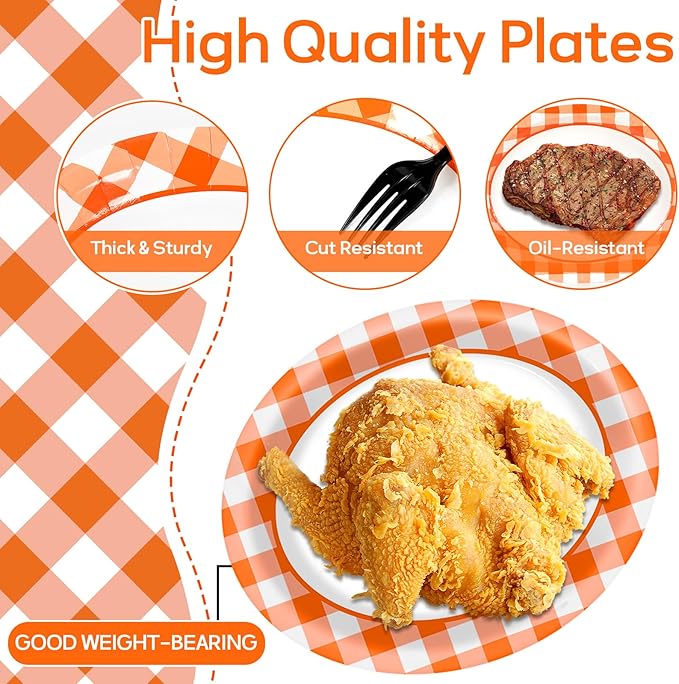 Orange Checkered Oval Paper Plates 11inch Orange and White Gingham Paper Plate and Napkin, Dish Tray Fall Plaid Party Decoration Supplies for Birthday BBQ Picnic Baby Shower Tableware, 25 Guest