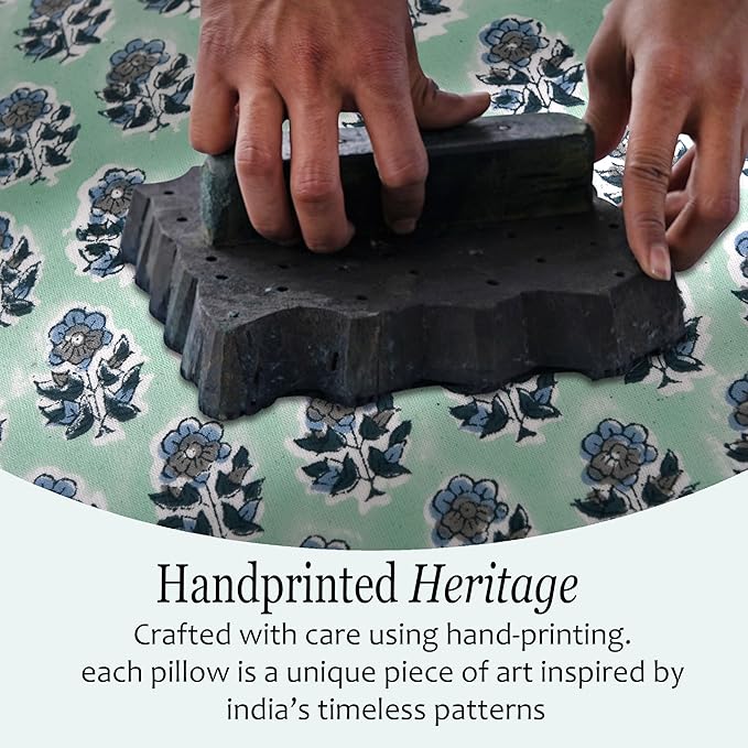 CPC 100% Cotton Throw Pillow Covers 20x20 Inch, Set of 2 Blue Block Print Pattern Couch Pillow, Cute Boho Decorative Pillows for Living Room, Bedroom with Hidden Zipper- Poppy Blue