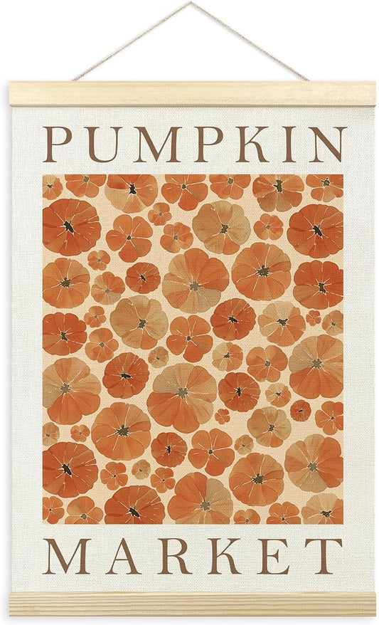 TLESKE Fall Pumpkin Market Poster Hanger Frame, Autumn Pumpkin Flowers Hanging Wall Art Room Decor for Bedroom Living Room, Aesthetic Floral Pumpkin Wall Banner Prints Pictures Artwork, 12x16