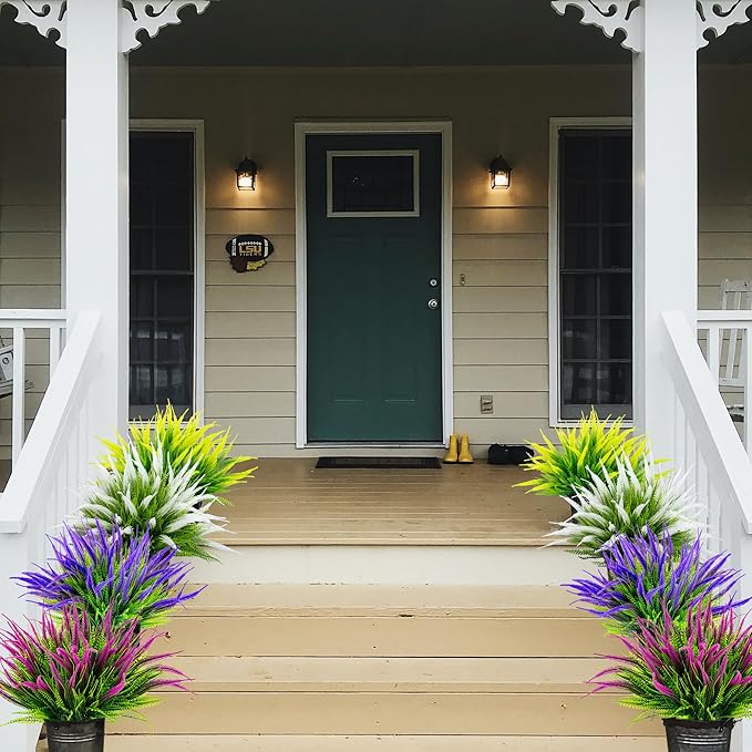 12 Bundles Outdoor Artificial Plants Flowers UV Resistant Fake Grass Plants Tropical Faux Bushes Shrubs for Home Front Porch Outside Planter Garden Landscape Décor