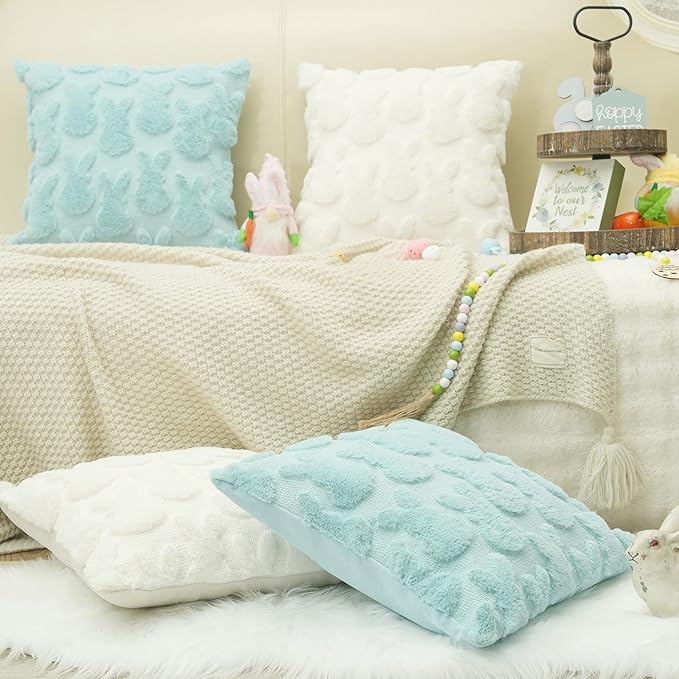 GEEORY Easter Bunny Soft Plush Pillow Covers, 18 x 18 Inch Set of 2, Fluffy Faux Fur Wool Decorative Farmhouse Cushion Case for Sofa Home Decoration Blue GC014-18