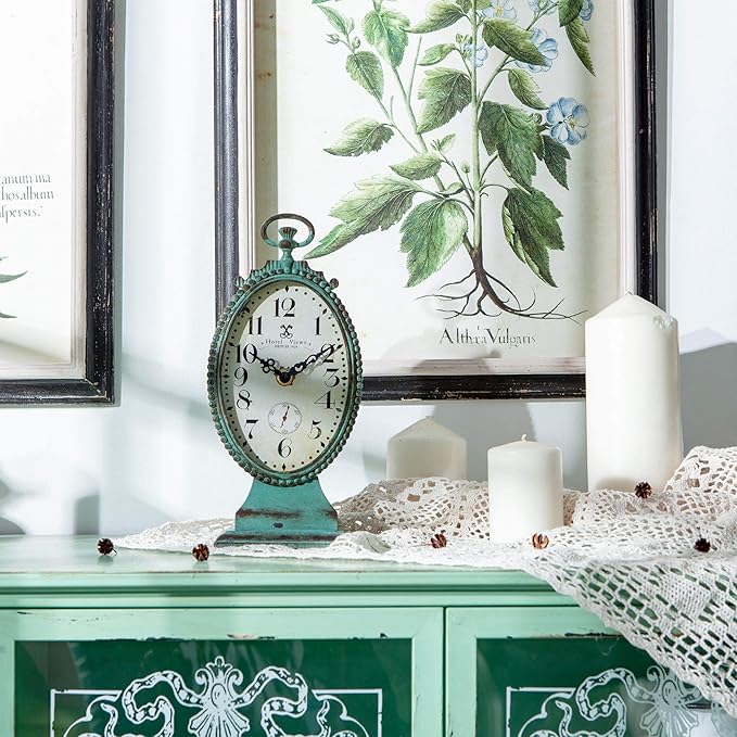 NIKKY HOME Vintage Table Clock - Battery Operated Rustic Distressed Style - Shabby Chic Home Decor for Fireplace Mantel, Shelf, Desktop, Countertop - Green