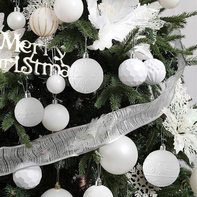 Wironlst Christmas Ball Ornaments - 30pcs Shatterproof Plastic Christmas Ornaments Hanging Ball Decorations for Xmas Tree, Holiday, Wedding, Party (Multi-Size, White)