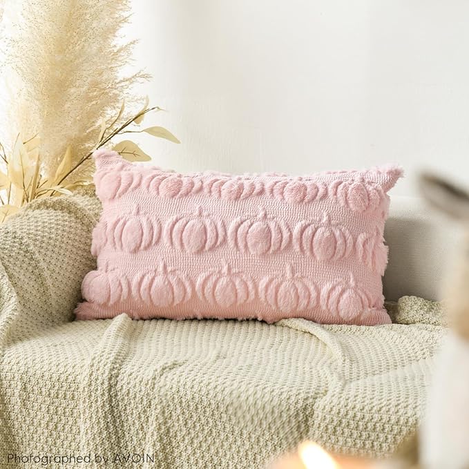 AVOIN colorlife Fall Pumpkin Pink Throw Pillow Covers, 12 x 20 Inch Seasonal Autumn Thanksgiving Harvest Decoration Soft Plush Faux Fur Jacquard Cushion Case Decoration for Sofa Couch Set of 2