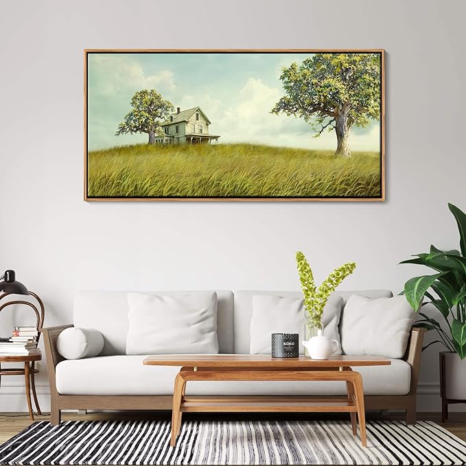 YCPRIMER Large Canvas Wall Art - Village Landscape Decor Retro Farmhouse Picture Yellow Tree Painting Artwork for Dinning Room,Living Room,Kitchen Framed Decoration Size 29×58Inch