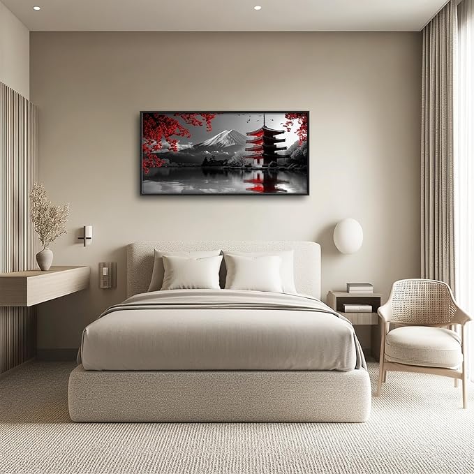 Olivine Japan Large Wall Art, Black And White Pictures Wall Decor, Landscape Paintings, Mountain Canvas Prints, Framed Artwork for Dining Room Bedroom Living Room Office Bathroom 60"x30"