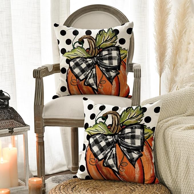 AVOIN colorlife Fall Polka Dot Pumpkin Throw Pillow Covers 18x18 Inch, Seasonal Autumn Thanksgiving Harvest Decoration for Home Sofa Couch Set of 2