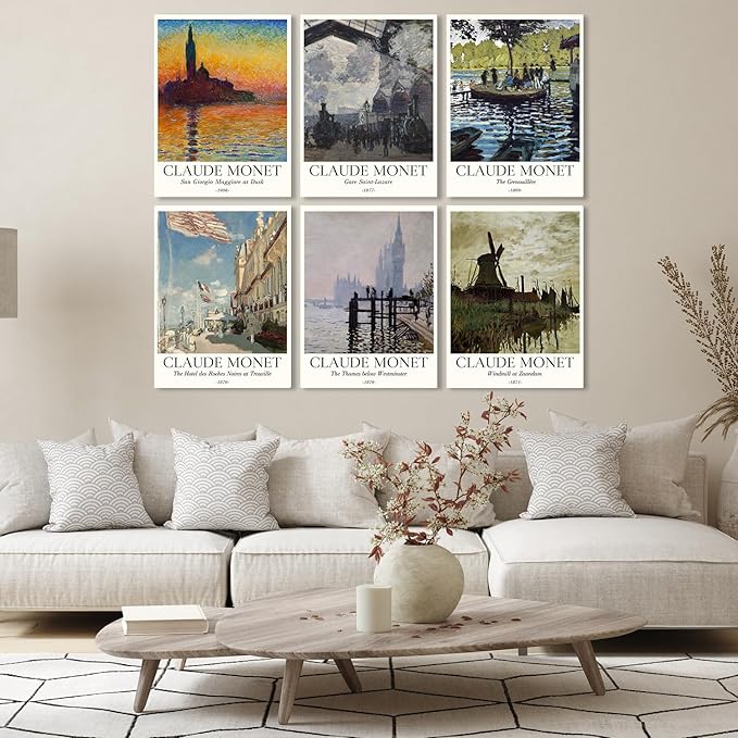 COSCTOR Set of 6 Claude Monet Wall Art Decor Canvas Vintage Famous Artist Retro Landscape Colorful Posters and Prints for Living Room Bathroom Bedroom Hallway Kitchen (Framed, 12x16)