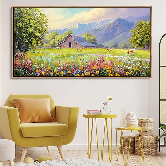 AJAZIKO Rustic Mountain Wall Art - Farmhouse Landscape Wall Decor with Highland Cow & Floral Art - Nature & Country Artwork for Living Room, Bedroom & Walls - Framed Flower Pictures for Home 29x58IN