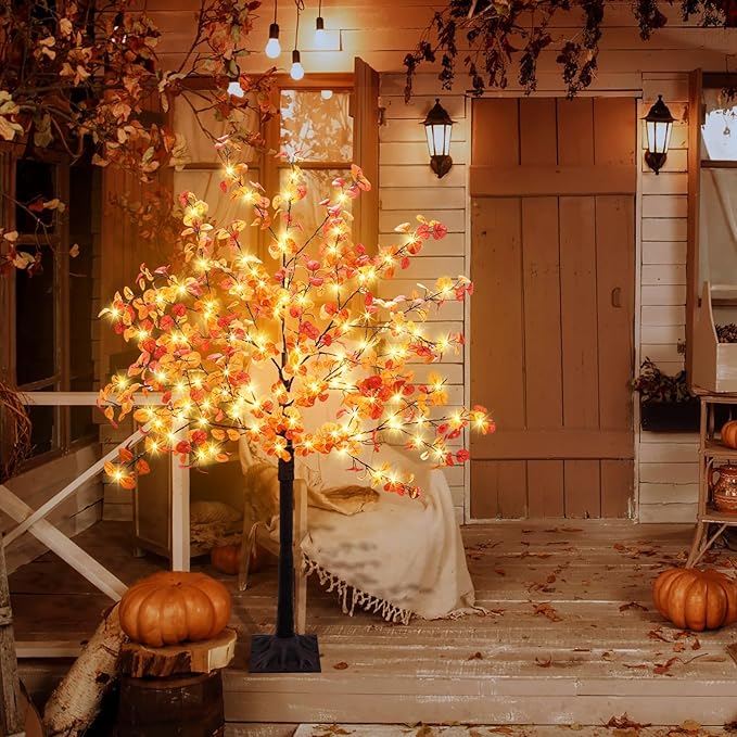 Agusbagli 4FT 140LED Lighted Fall Eucalyptus Tree Thanksgiving Fall Decorations with Timer & 8 Modes Artificial Fall Trees with Lights & 336 Leaves Fall Light Up Tree Harvest Indoor Outdoor Fall Decor