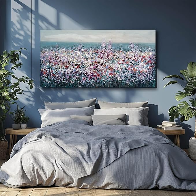 CHUDANHAO Blue Coastal Wall Art Colorful Wall Decor Flowers Canvas Prints for Office 29x58 Inch Large Landscape Painting for Living Room Bedroom