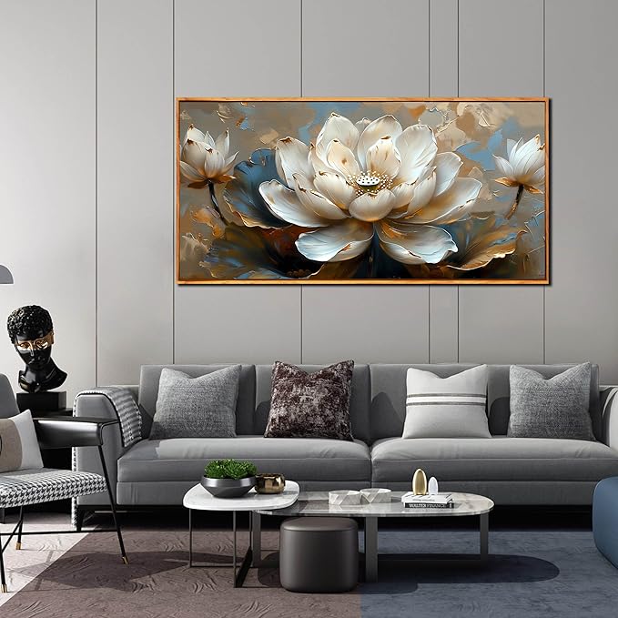 White Lotus Painting Wall Art for Living Room - Gold Flower Wall Decor for Office - Framed Wall Art for Bedroom Size 29" x 59"