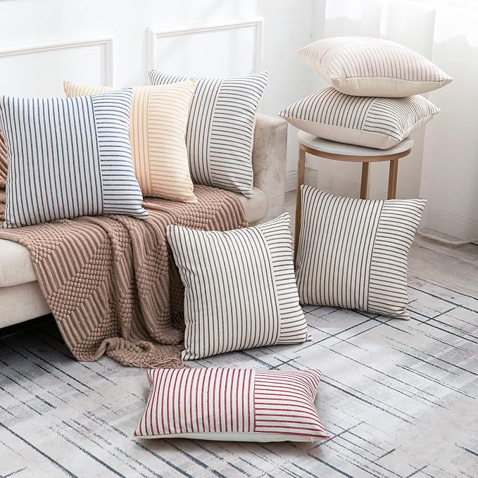 Christmas Pillow Covers 26x26, Modern Accent Square Throw Pillow Covers Set of 2, Red and Beige Striped Patchwork Linen Decorative Pillows Cushion Covers for Couch Chair Bedroom Christmas Decorations