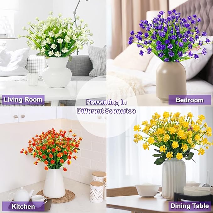 12 Bundles Artificial Flowers for Outdoors Summer Decor, Realistic UV Resistant Fake Plants Faux Plastic Flowers for Outside Planter Home Gardens Patio Porch Yards Spring Cemetery Decor(Purple)