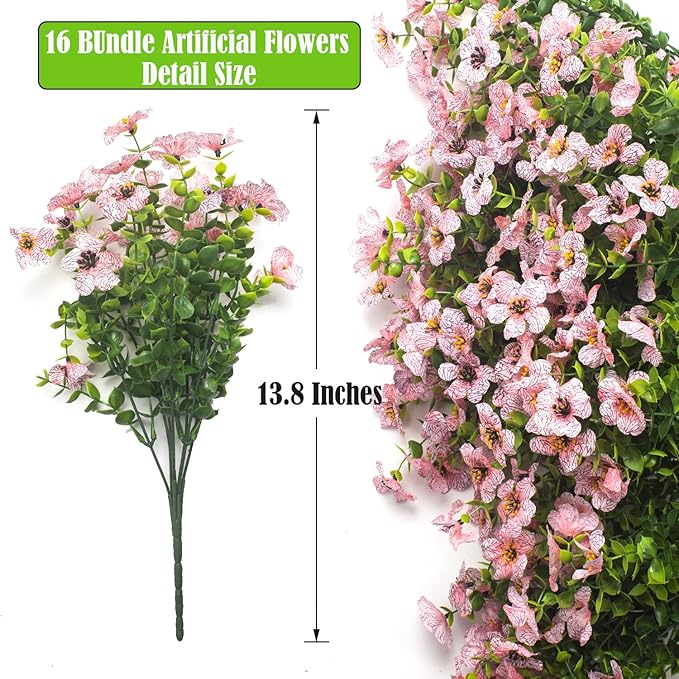 Artificial Fake Flowers for Outdoor Spring Decoration, 16 Bundles Faux Silk Colorful Daisy UV Resistant Realistic for Outside Porch Patio Home Yard Garden Planters Pots Window Box (Pink)