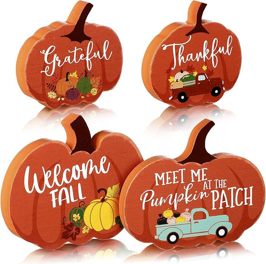 Jetec 4 Pcs Fall Decor for Home Thanksgiving Tiered Tray Decoration Fall Desk Decor Pumpkin Table Centerpiece Welcome Rustic Wood Block Sign for Office Autumn Table Mantel Decoration(Pumpkin Color)