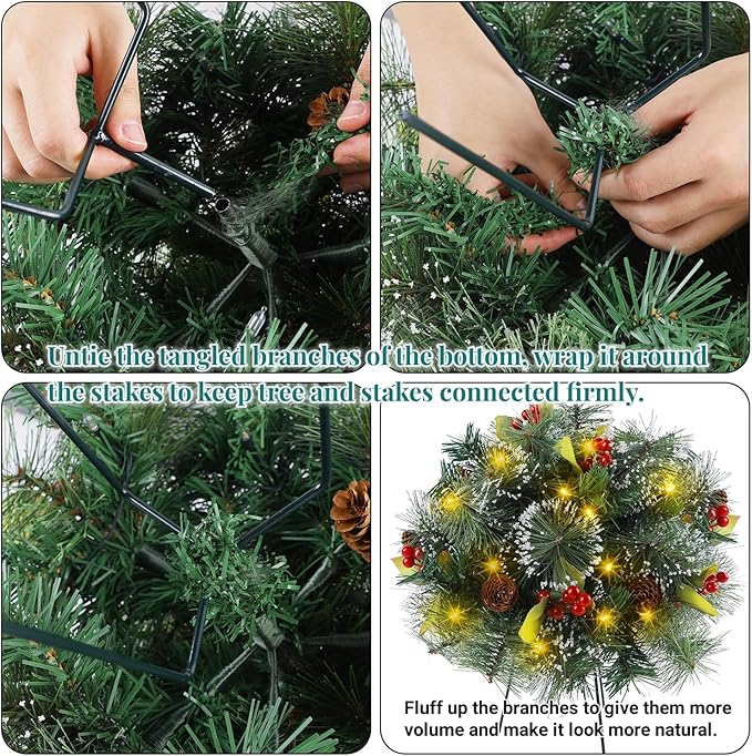 Glintoper Pre-lit Christmas Urn Filler, Lighted Artificial Mini Xmas Pine Trees with Tripod Stake, Light Up 8 Modes & Timer, Battery Powered Outdoor Planter Filler Festival Holiday Home Decor, 1 Pack