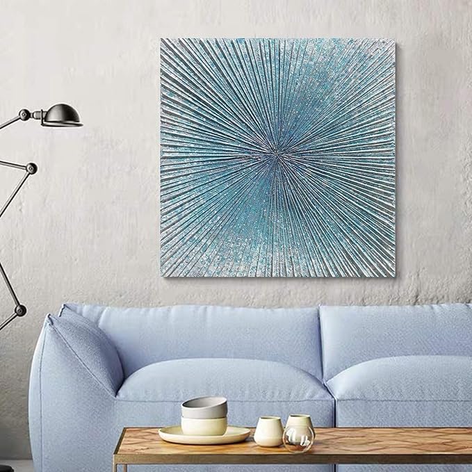 Yihui Arts Contemporary Abstract Living Room Wall Art Hand Painted Modern Teal Color Canvas Painting Pictures for Bedroom Bathroom Decor