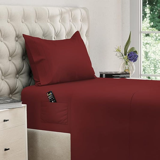 DREAMCARE Twin Sheets - 3pcs Cooling Sheets – up to 21” Extra Deep Pocket Twin Bed Sheets - Twin Sheet Set - Bed Sheets Twin - Soft & Long Lasting 100% Fine Brushed Polyester with Side Pocket - Brgndy