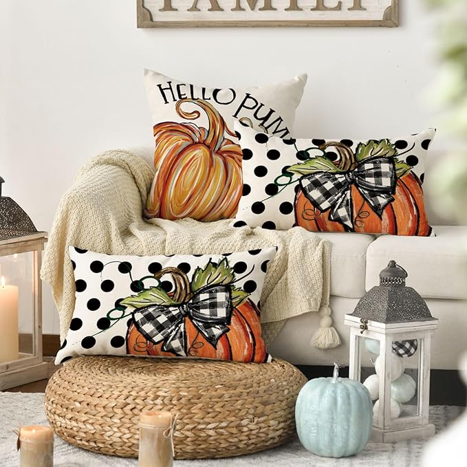AVOIN colorlife Fall Polka Dot Pumpkin Throw Pillow Covers 12x20 Inch, Seasonal Autumn Thanksgiving Harvest Decoration for Home Sofa Couch Set of 2