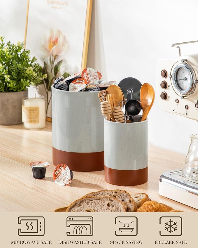 MALACASA Utensil Holder, 7.3"+5.5" Ceramic Kitchen Utensil Holder for Countertop, Large Cooking Utensil Crocks for Kitchen Counter, Farmhouse Utensils Organizer, Set of 2, Khaki Gray, Series TARA