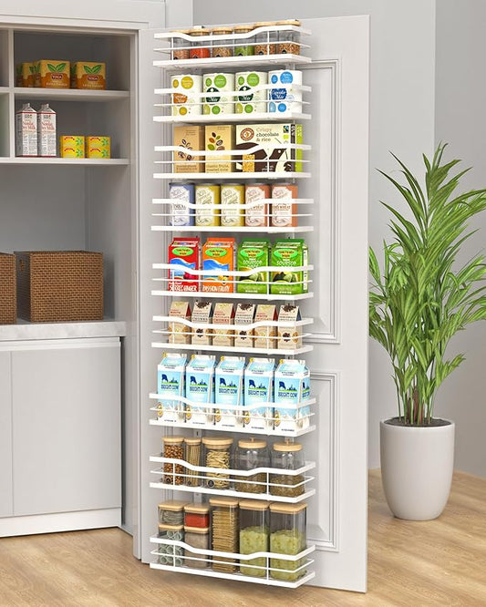 9-Tier Over The Door Pantry Organizer, Metal Pantry Organizers and Storage with Adjustable Basket, Spice Rack Seasoning Shelves, Over the Door Organizer for Pantry Kitchen Laundry, White