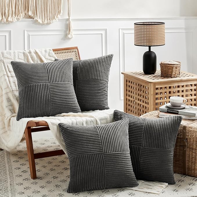Fancy Homi 4 Packs Dark Gray Decorative Throw Pillow Covers 20x20 Inch for Living Room Couch Bed Sofa, Farmhouse Boho Home Decor, Soft Cross Corduroy Patchwork Accent Square Cushion Case 50x50 cm