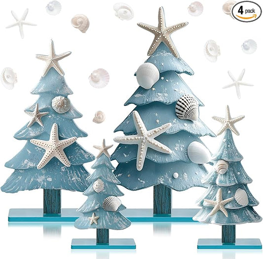 Barydat 4 Pcs Blue Coastal Christmas Table Decorations Wooden Ocean-Themed Christmas Tree Centerpieces Table Decor for Xmas Party Gifts Home Indoor Home Kitchen Office Room Decor
