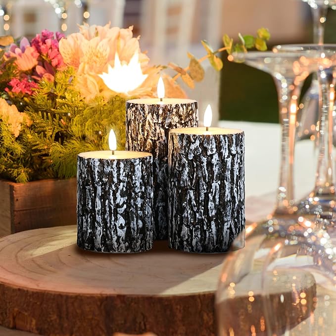 Eywamage Black Pine Bark Flameless LED Candles with Remote, Farmhouse Flickering Wood Pillar Candles Set of 3