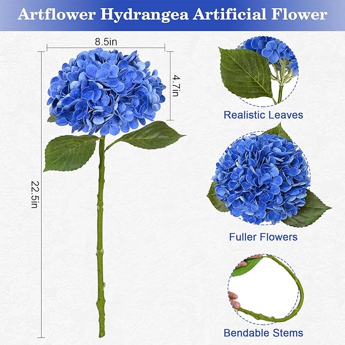 Artflower 4Pcs Real Touch Hydrangea Artificial Flowers, 22.5'' Dark Blue Full Latex Faux Hydrangea Flowers for Home Floral Arrangements Wedding Bouquets Kitchen Table Centerpiece Decorations