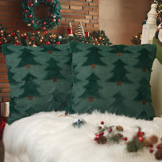 GEEORY Christmas Pillow Covers 18x18 Inch Set of 2, Christmas Decorations Xmas Tree Soft Plush Fluffy Faux Fur Decorative Throw Pillows Rustic Winter Decor Cushion Case Green Brown GC033-18