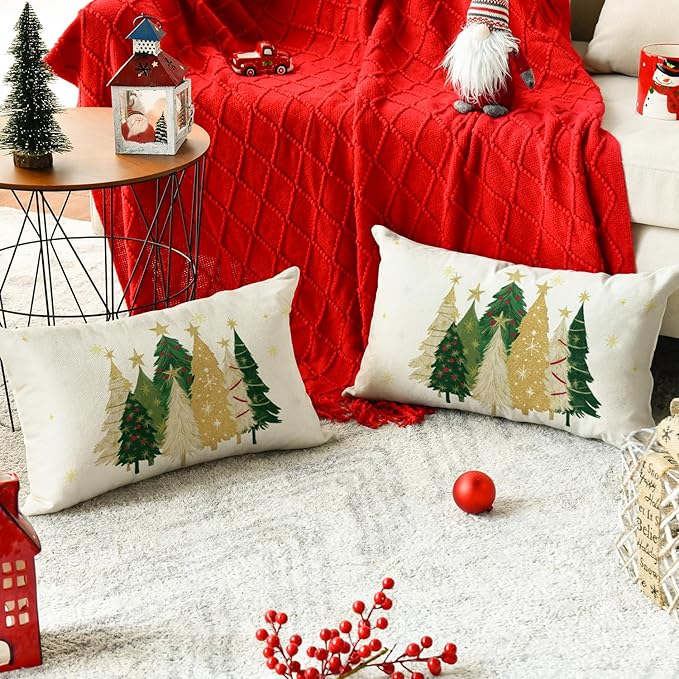 AVOIN colorlife Christmas Trees Star White Throw Pillow Covers Set of 2, 12 x 20 Inch Snowflake Seasonal Winter Holiday Cushion Case Decoration for Sofa Couch