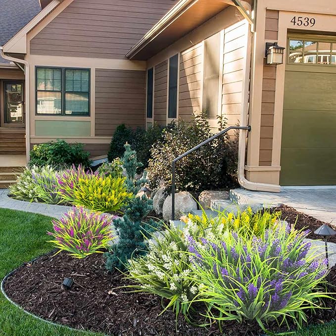 20 Bundles Artificial Plants Outdoor Fake Monkey Grass with Flowers (Fuchsia)